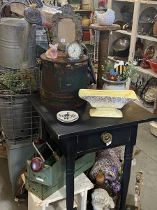 Handpainted Side Table, Vintage Clock, Royal Windson Mid-Century Vase, Old Metal drawers, & a concrete angel for the garden