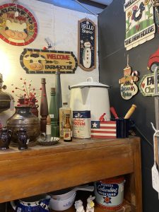 A Fresh Booth Refresh & a Touch of Mid‑Century Cheer - large enamel coffee pot, handmade christmas signs & ornaments