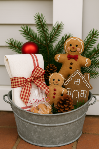 Decorating for Christmas with Vintage Galvanized Buckets - galvanized wash tub filled with gingerbread plushies, gingerbread houwe, cookies,and a dish towel wrapped & ready to gift
