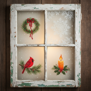 Old Windows, New Charm. Vintage 4 pane window decorated for Christmas