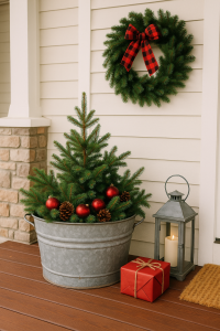 Decorating for Christmas with Vintage Galvanized Buckets - galvanized wash tub with a Chirstmas tree, lantern & package decorating the front porch
