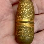 Vintage Sewing Notions With History & Charm - 1930s Gold Tone Ornate Brass Bullet-Shaped Thimble Case