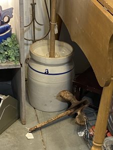 3 gal crockery butter churn, and a vintage cast iron anchor