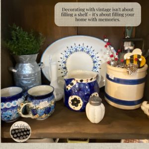 Decorating with Vintage on a Budget - collection of blue, polish pottery mugs, vintage crock, blue and white oval plate
