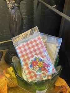 This Week in My Booths: Vintage Finds and a Few New Additions - small vintage green bowl, with pack of colorful handmade stickers